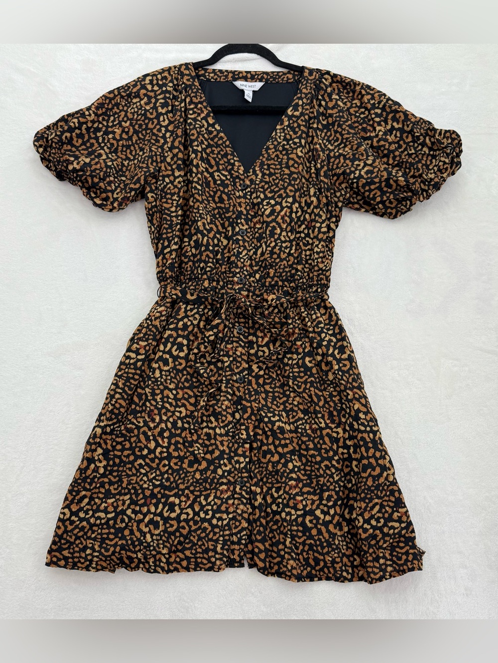Nine West Leopard Print Dress M Button Front Puff Sleeve Belted Boho